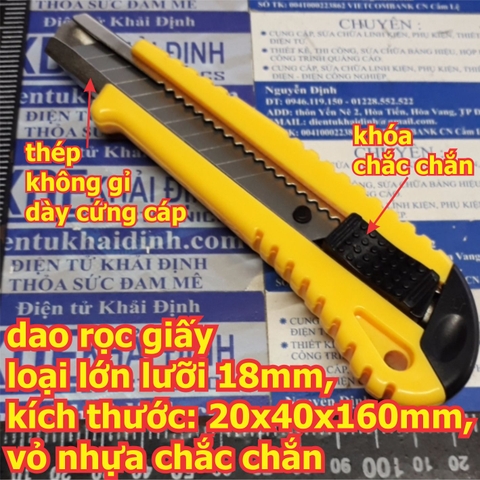 dao rọc giấy loại lớn lưỡi 18mm, kích thước: 20x40x160mm, vỏ nhựa chắc chắn kde5796