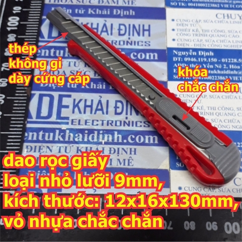 dao rọc giấy loại nhỏ lưỡi 9mm, nghiêng 60 độ kích thước: 12x16x130mm, vỏ nhựa chắc chắn kde5797