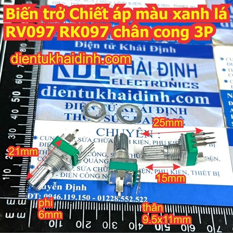 Biến trở Chiết áp RV097 3P RV0972 6P RK097N màu xanh lá chân cong B5K 5K B10K 10K B20K 20K B50K 50K B100K 100K kde5997