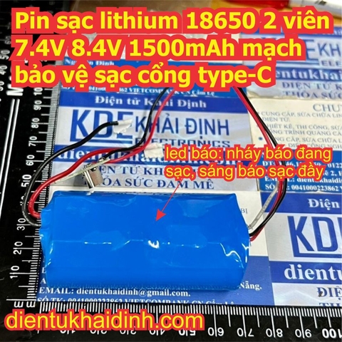 Pin sạc 18650 3.7V 2 viên nối tiếp 7.4V 8.4V 1500mAh / 1800mAh mạch bảo vệ sạc cổng type-C kde6057