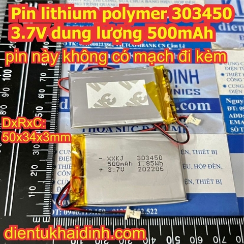 Pin lithium polymer 303450 3.7V dung lượng 500mAh kde6058