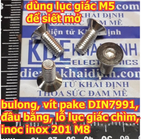 bulong bu lông vít pake DIN7991, đầu bằng, lỗ lục giác chìm, inoc inox 201 M8 các loại 12mm ~100mm kde6120