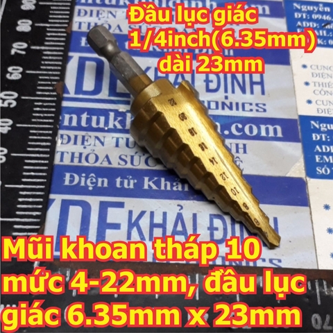 Mũi khoan tháp 10 mức 4-22mm, đầu lục giác 6.35mm x 23mm kde6194