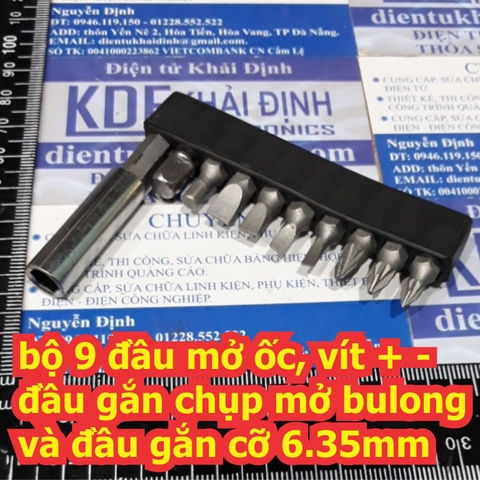 bộ 9 đầu mở ốc, vít + - đầu gắn chụp mở bulong bu lông và đầu gắn cỡ 6.35mm kde6609