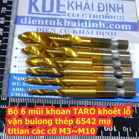 Bộ 6 mũi khoan TARO khoét lỗ vặn bulong thép 6542 mạ titian các cỡ M3~M10 kde6904