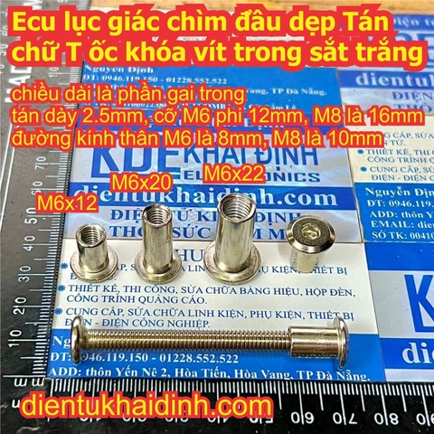 Ecu lục giác chìm đầu dẹp Tán chữ T ốc khóa vít trong sắt trắng M6x12mm M6x20mm M8x22mm kde7020