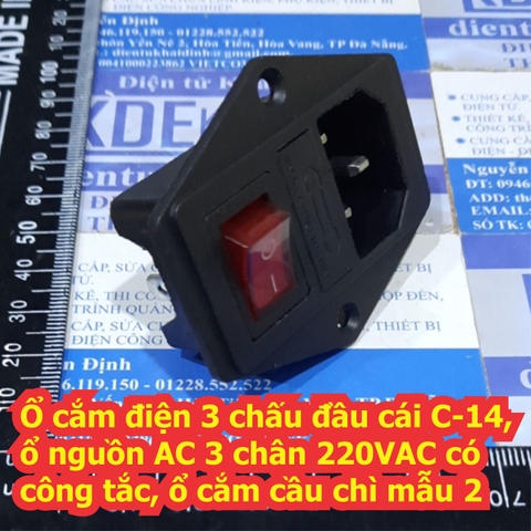 Ổ cắm điện 3 chấu đầu cái C-14, ổ nguồn AC 3 chân 220VAC có công tắc, ổ cắm cầu chì kde7040