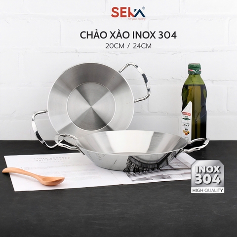 Chảo xào Inox 2 quai Seka đúc nguyên khối 3 lớp, Chảo Inox đáy từ dùng mọi loại bếp