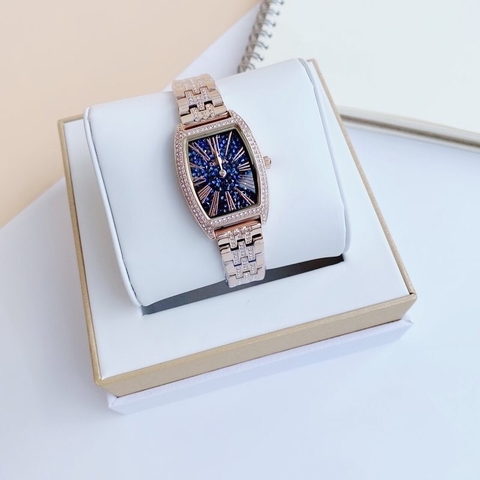 Davena Mặt Chữ Nhật |Nữ Giới |Full Đá Nhũ Xanh |Dây Kim Loại Rose Gold |Máy Pin (Quartz) |Size 25x36mm