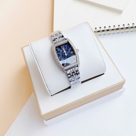 Davena Mặt Chữ Nhật |Nữ Giới |Full Đá Nhũ Xanh |Dây Kim Loại Silver |Máy Pin (Quartz) |Size 25x36mm
