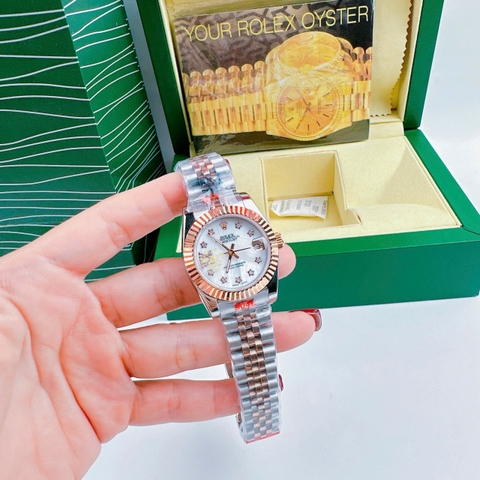 Rolex Đính Đá Ngôi Sao |Nữ Giới |Trắng |Niềng Khía |Dây Kim Loại Demi Rose |Máy Pin (Máy Quartz) |Size 31mm
