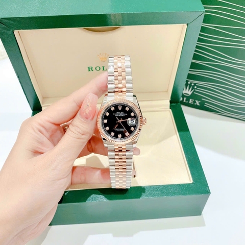 Rolex Niềng Khía |Nữ Giới |Mặt Đen |Dây Kim Loại Demi Rose |Máy Cơ (Automatic) |Size 36mm