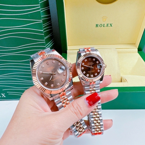 Rolex Niềng Khía |Cặp Đôi |Mặt Nâu |Dây Kim Loại Demi Rose Gold |Máy Pin (Máy Quartz) |Size 41x31mm