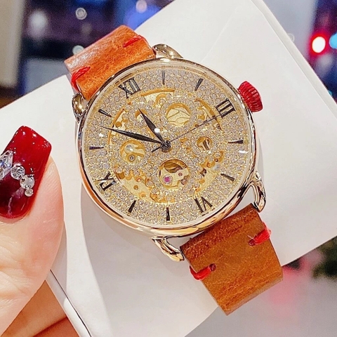 Davena Lộ Máy |Nữ Giới |Full Đá Vàng Gold |Dây Da Nâu |Máy Cơ (Automatic) |Size 38mm