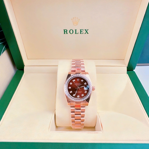 Rolex Đính Đá |Nữ Giới |Mặt Nâu |Dây Kim Loại Rose Gold |Máy Pin (Máy Quartz) |Size 31mm
