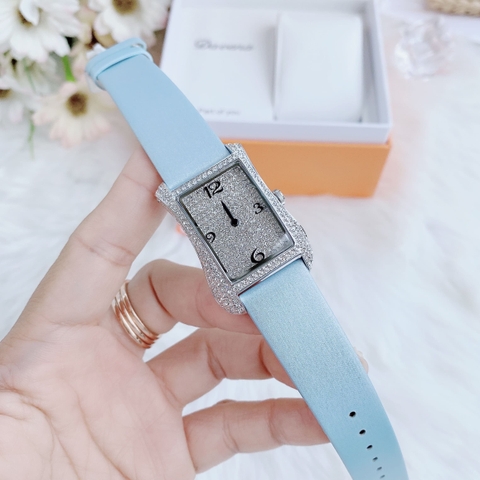 Davena Tựa Hermes |Nữ Giới |Full Đá Trắng Silver |Dây Da Xanh |Máy Pin (Máy Quartz) |Size 28x40mm