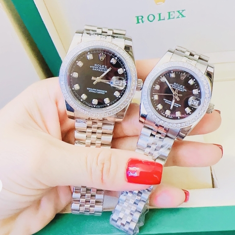 Rolex Đính Đá |Cặp Đôi |Mặt Đen |Dây Kim Loại Trắng Silver |Máy Pin (Máy Quartz) |Size 36x31mm