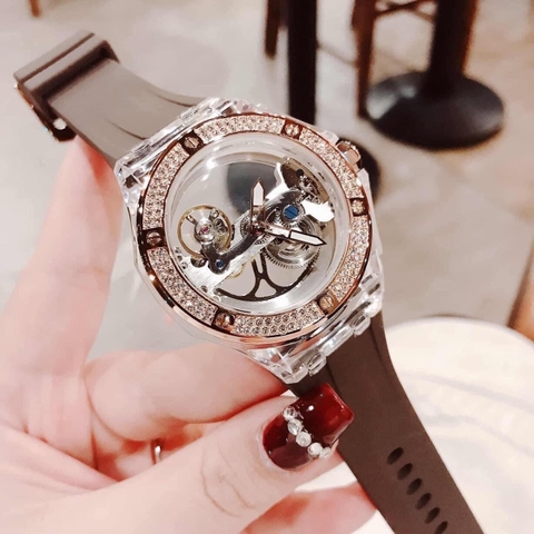 Davena Lộ Cơ |Unisex |Đính Đá |Rose Gold |Dây Silicone Nâu |Máy Cơ (Automatic) |Size 42mm