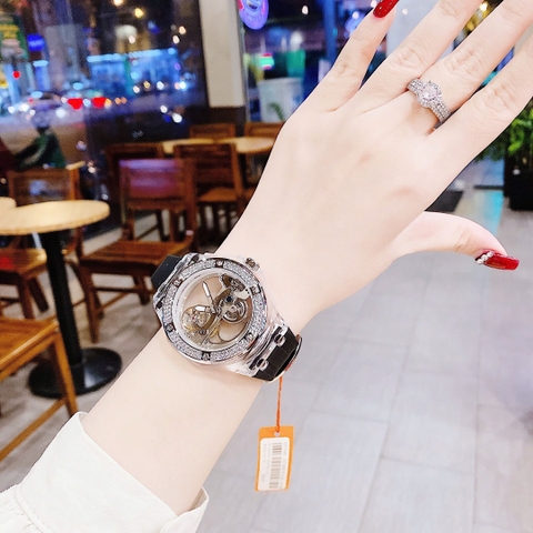 Davena Lộ Cơ |Unisex |Đính Đá |Silver |Dây Silicone Đen |Máy Cơ (Automatic) |Size 42mm
