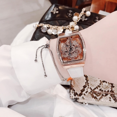Davena Trăng Sao Xoay |Nữ Giới |Mặt Rose Gold |Dây Da Trắng |Máy Pin (Quartz) |Size 32x44mm