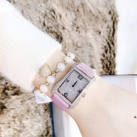 Davena Tựa Hermes |Nữ Giới |Full Đá Trắng Silver |Dây Da Tím |Máy Pin (Máy Quartz) |Size 28x40mm