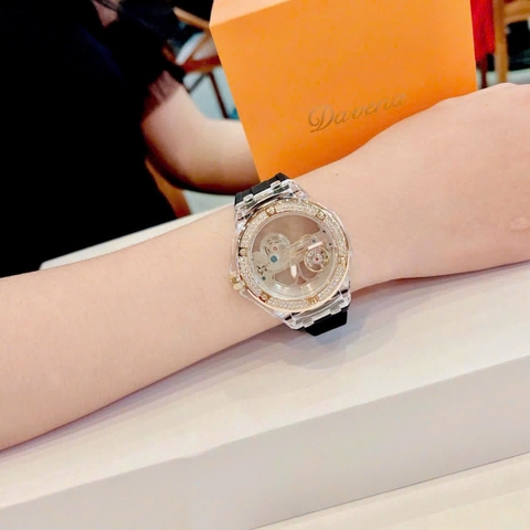Davena Lộ Cơ |Unisex |Đính Đá |Rose Gold |Dây Silicone Đen |Máy Cơ (Automatic) |Size 42mm