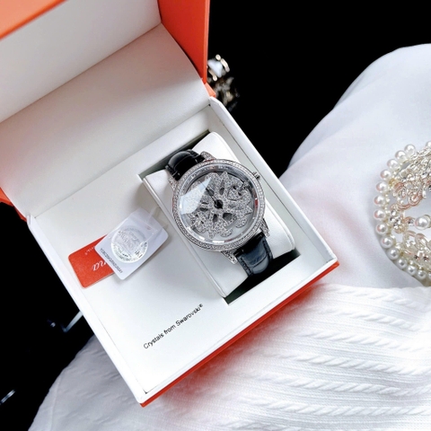 Davena Bông Hoa Xoay |Nữ Giới |Đính Đá Silver |Dây Da Đen |Máy Pin (Quartz) |Size 39mm