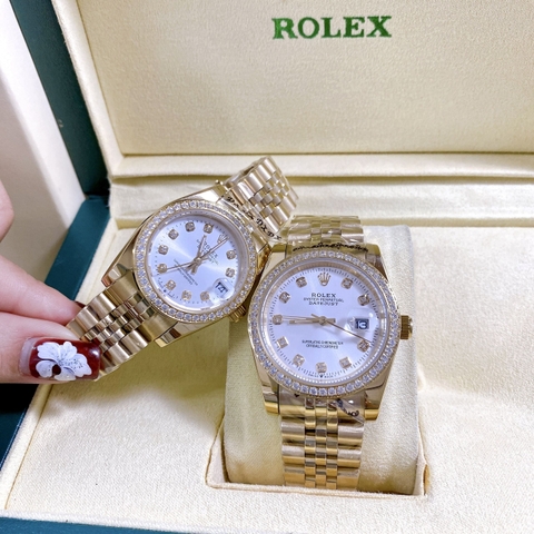Rolex Đính Đá |Cặp Đôi |Mặt Trắng |Dây Kim Loại Vàng Gold |Máy Pin (Máy Quartz) |Size 36x31mm