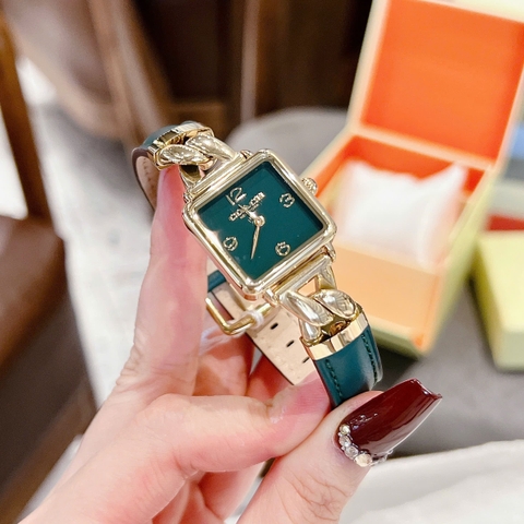 Coach Cass |Nữ Giới |Mặt Vuông |Vàng Gold |Dây Da Xanh Lá |Máy Pin (Quartz) |Size 22mm