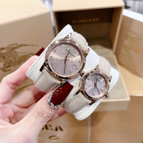 Burberry The City |Cặp Đôi |Đính Đá |Rose Gold |Dây Da Nude |Size 34x28mm