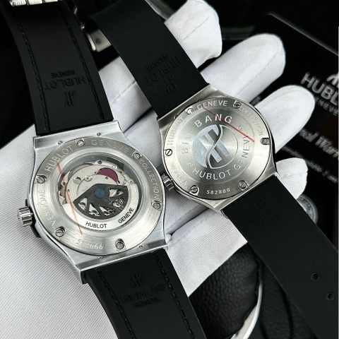 Hublot Đính Full Đá |Cặp Đôi |Mặt Tròn |Mặt Đen |Dây Da Bọc Cao Su Đen |Size 34x42mm