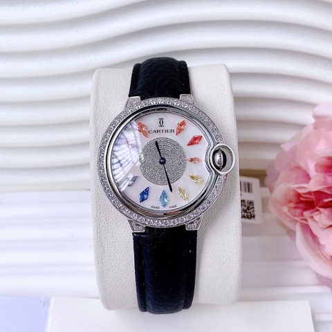 Cartier Ballon Bleu |Nữ Giới |Đính Pha Lê Nhiều Màu |Dây Da Đen |Máy Pin (Quartz) |Size 35mm