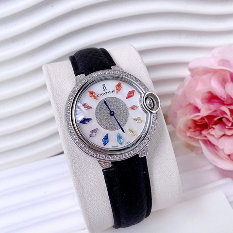 Cartier Ballon Bleu |Nữ Giới |Đính Pha Lê Nhiều Màu |Dây Da Đen |Máy Pin (Quartz) |Size 35mm