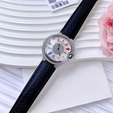 Cartier Ballon Bleu |Nữ Giới |Đính Pha Lê Nhiều Màu |Dây Da Đen |Máy Pin (Quartz) |Size 35mm