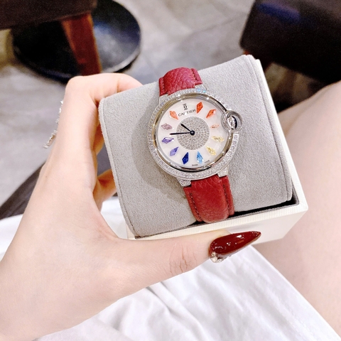 Cartier Ballon Bleu |Nữ Giới |Đính Pha Lê Nhiều Màu |Dây Da Đỏ |Máy Pin (Quartz) |Size 35mm
