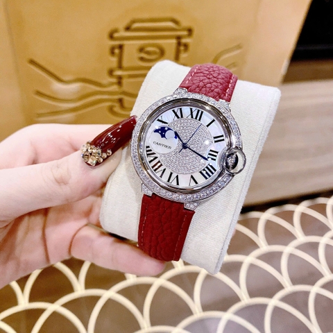 Cartier Ballon Bleu |Nữ Giới |Đính Đá |Dây Da Đỏ |Máy Pin (Quartz) |Size 35mm