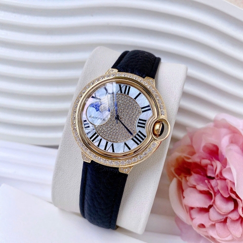 Cartier Ballon Bleu |Nữ Giới |Đính Đá |Vàng Gold |Dây Da Đen |Máy Pin (Quartz) |Size 35mm