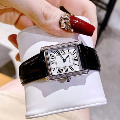 Cartier Tank Solo |Nữ Giới |Mặt Chữ Nhật |Đính Đá |Dây Da Đen |Máy Pin (Quartz) |Size 31x24mm