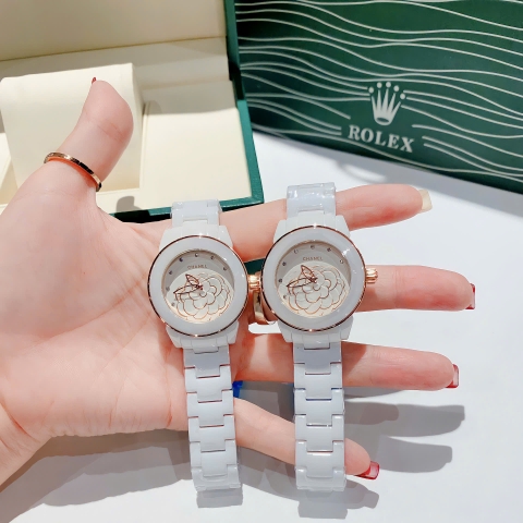 Chanel Hoa 3D |Nữ Giới |Rose Gold |Dây Đá Ceramica Trắng |Máy Pin (Quartz) |Size 34mm