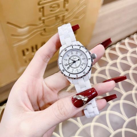 Chanel Hoa J12 |Nữ Giới |Đính Đá |Dây Đá Ceramica Trắng |Máy Pin (Quartz) |Size 34mm