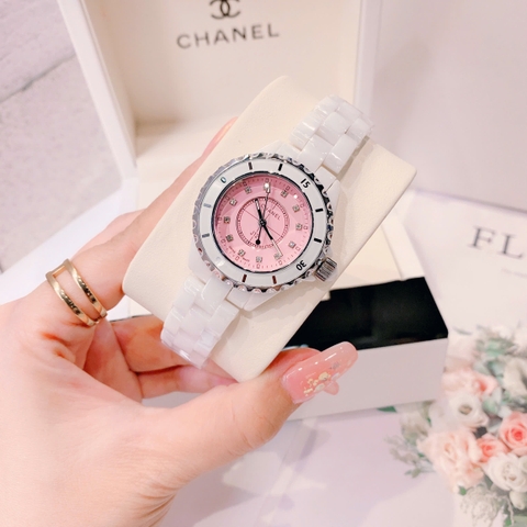 Chanel Hoa J12 |Nữ Giới |Mặt Hồng |Đính Đá |Dây Đá Ceramica Trắng |Máy Pin (Quartz) |Size 34mm