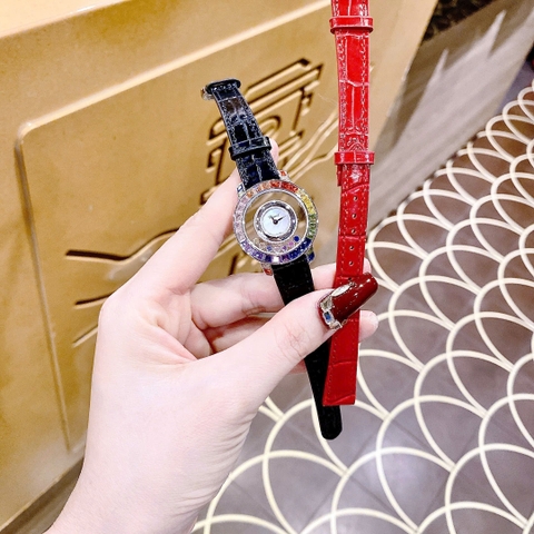 Chopard Happy Diamonds |Nữ Giới |Đính Đá Nhiều Màu |Dây Da Đen |Máy Pin (Quartz) |Size 32mm