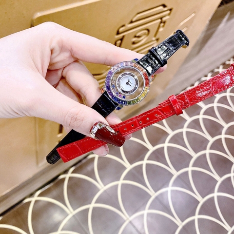 Chopard Happy Diamonds |Nữ Giới |Đính Đá Nhiều Màu |Dây Da Đen |Máy Pin (Quartz) |Size 32mm