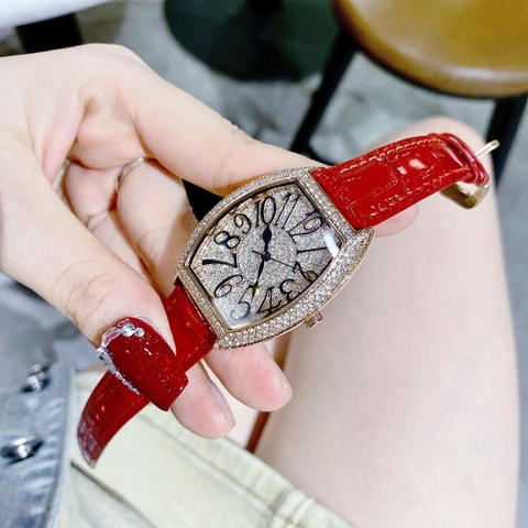 Chopard Tựa Franck Muller |Nữ Giới |Full Đá Rose Gold |Dây Da Đỏ |Máy Pin (Quartz) |Size 34mm