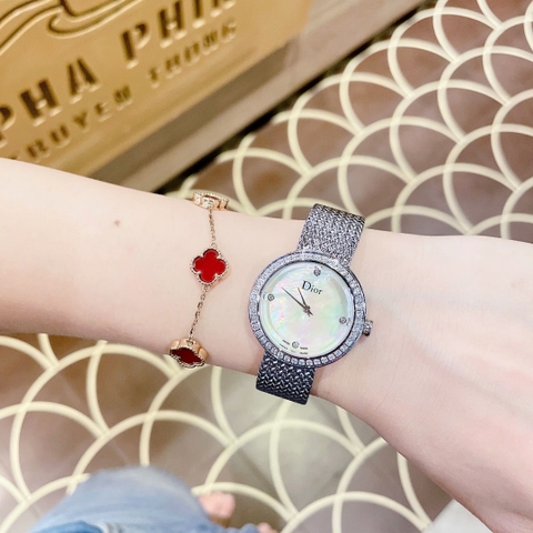 Christian Dior Satine |Nữ Giới |Mặt Xà Cừ |Đính Đá |Dây Lưới Silver |Máy Pin (Quartz) |Size 30mm