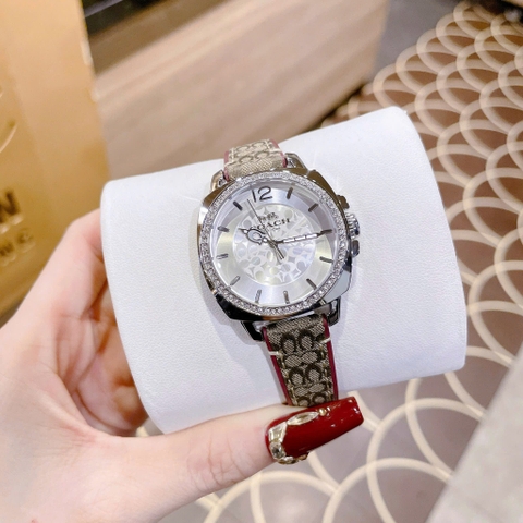 Coach Boyfriend |Nữ Giới |Silver |Đính Đá |Dây Vải Bọc Da Đỏ |Máy Pin (Quartz) |Size 34mm