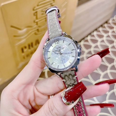 Coach Boyfriend |Nữ Giới |Silver |Đính Đá |Dây Vải Bọc Da Đỏ |Máy Pin (Quartz) |Size 34mm