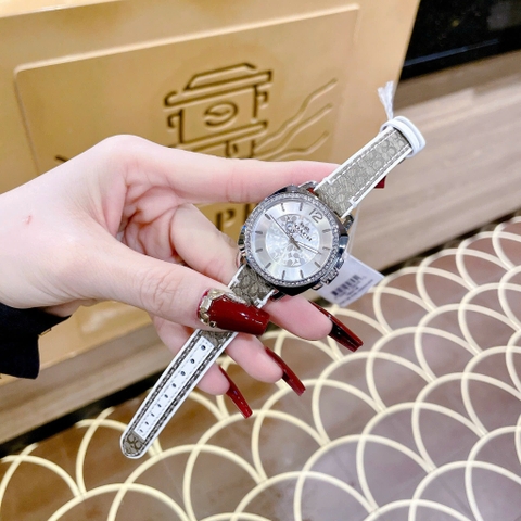 Coach Boyfriend |Nữ Giới |Silver |Đính Đá |Dây Vải Bọc Da Trắng |Máy Pin (Quartz) |Size 34mm
