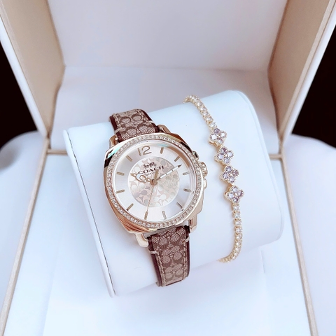 Coach Boyfriend |Nữ giới |Vàng Gold |Đính Đá |Dây Vải Bọc Da Nâu |Máy Pin (Quartz) |Size 34mm