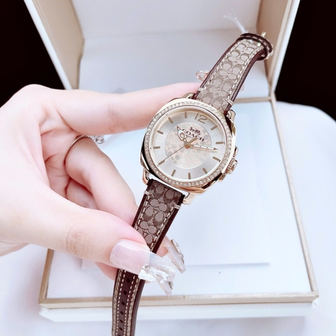 Coach Boyfriend |Nữ giới |Vàng Gold |Đính Đá |Dây Vải Bọc Da Nâu |Máy Pin (Quartz) |Size 34mm